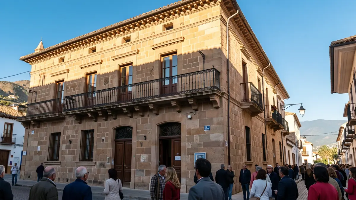 Generic image of a Canarias town hall facade with a balcony and iron railings, afternoon sunlight, blue sky.