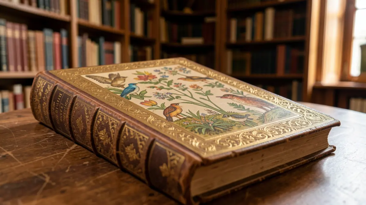 Generic image of an antique book with detailed nature illustrations.