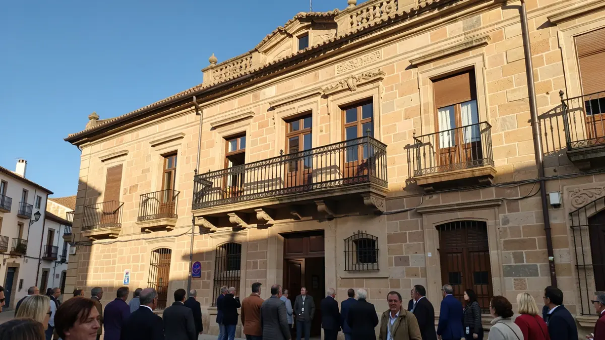Generic image of a town hall facade with a balcony and iron railings, afternoon sunlight, blue sky.