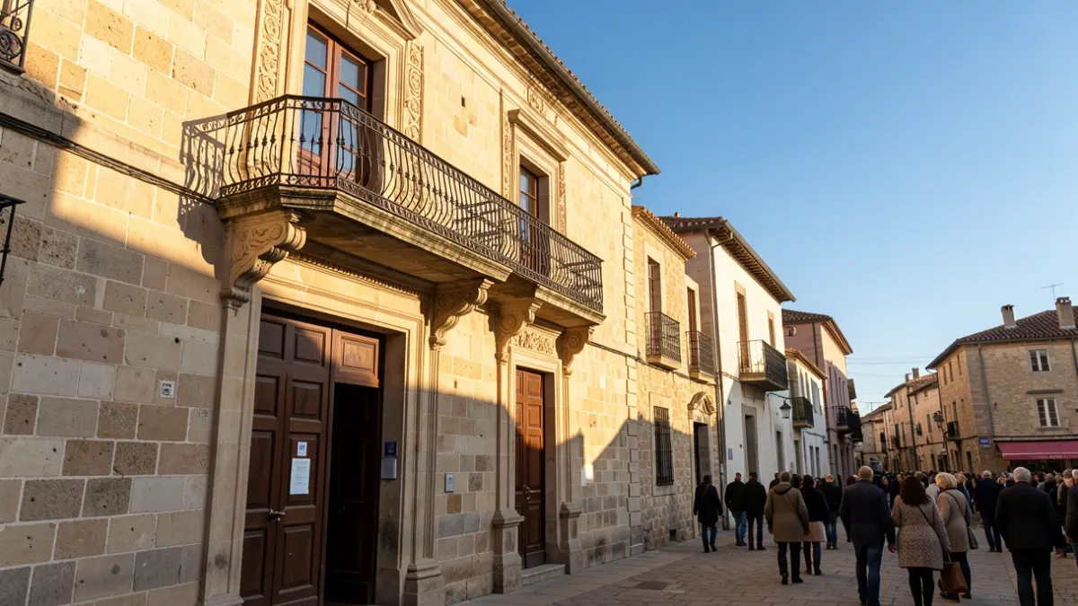 Generic image of a Canarias town hall facade with a balcony and iron railings, afternoon light.
