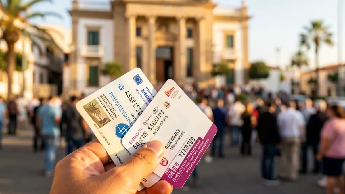 Imagen genérica de la mano de un estudiante sosteniendo un billete de autobús y un carné universitario, con el fondo desenfocado de la fachada de un ayuntamiento canario.