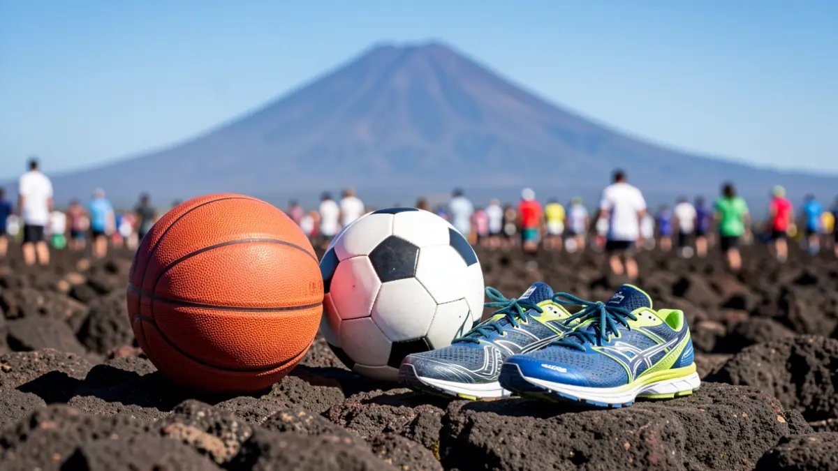 Generic image of various sports equipment on volcanic rocks in Tinajo, Lanzarote, with Teide in the background.
