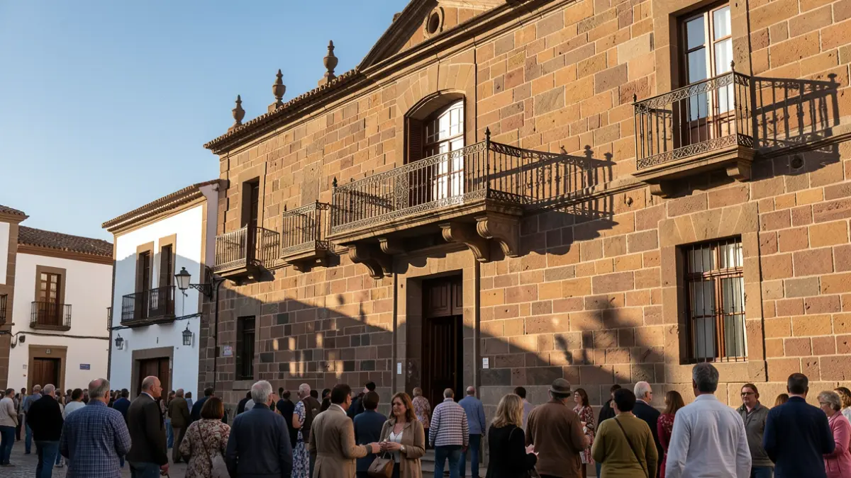 Imagen genérica de la fachada de un ayuntamiento canario de piedra con balcón y barandillas de hierro, bajo la luz del sol de la tarde.