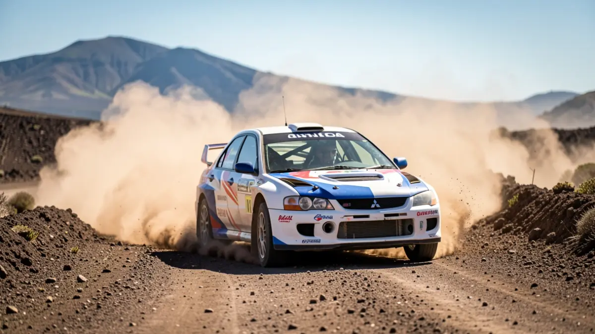 Imagen genérica de un coche de rally Mitsubishi Lancer Evo en una pista de tierra con paisaje volcánico.