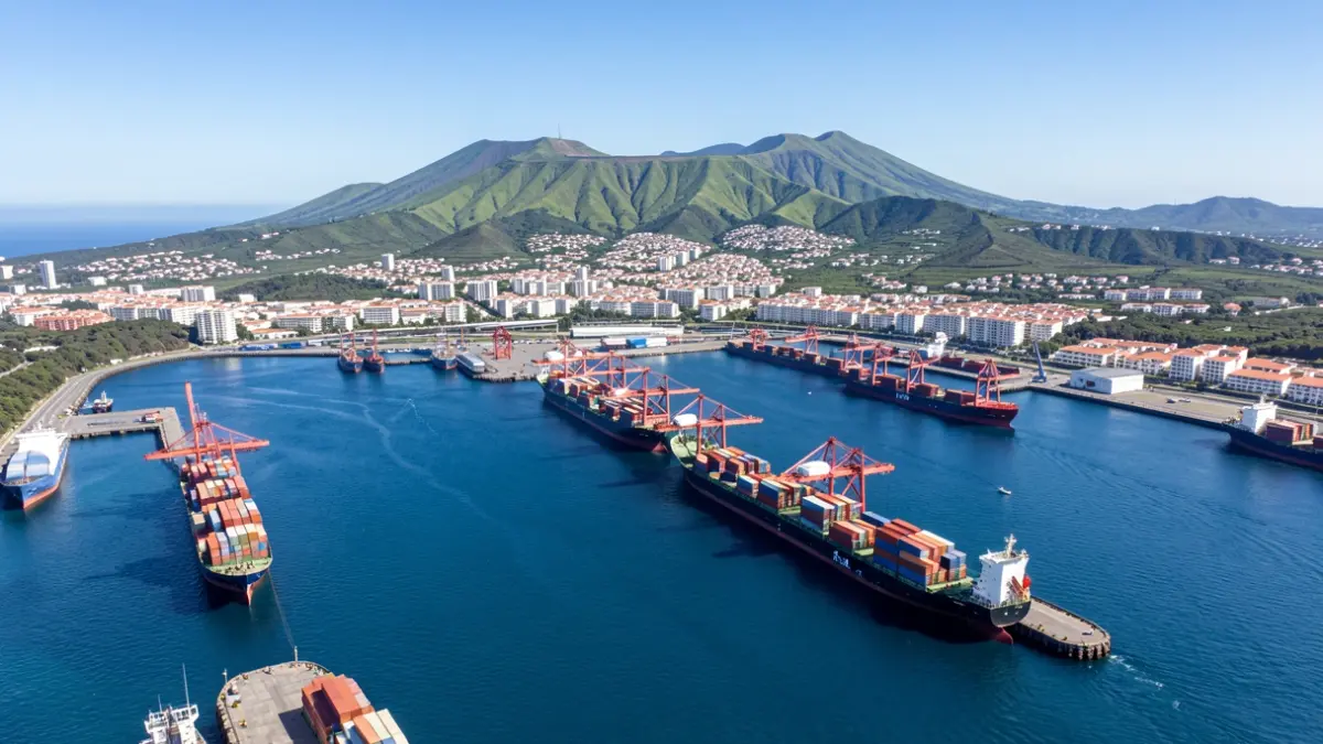 Aerial view of the port of Santa Cruz de La Palma with ships and containers.