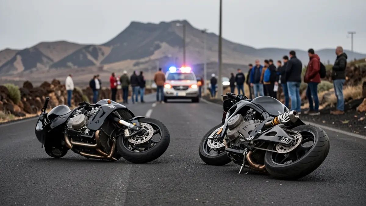 Generic image of two motorcycles crashed on a road with blurred emergency lights.