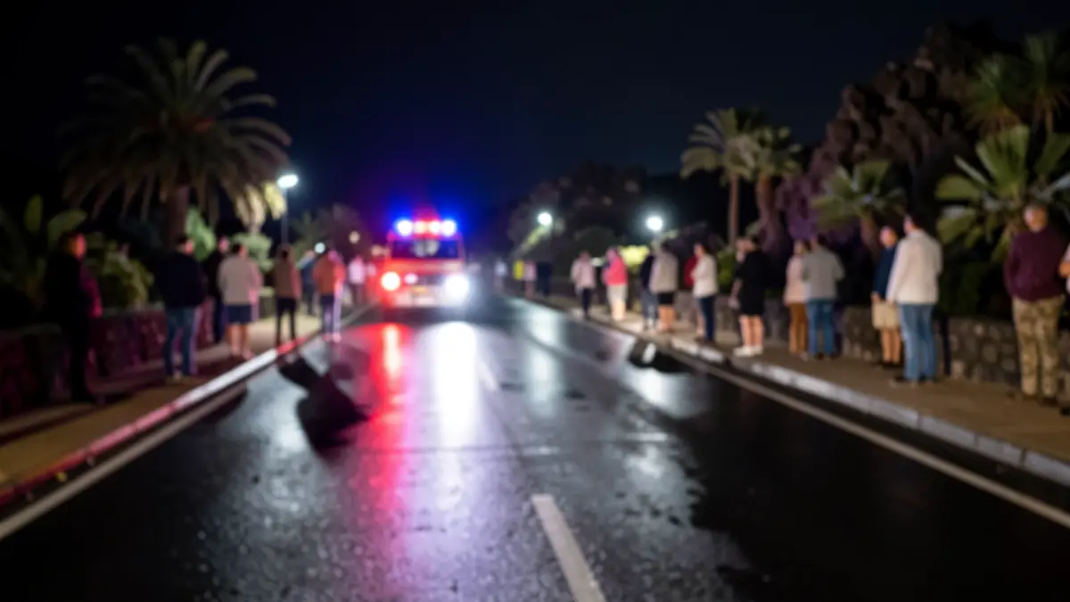 Generic image of emergency lights reflecting on wet asphalt at night, with no vehicles or people visible.