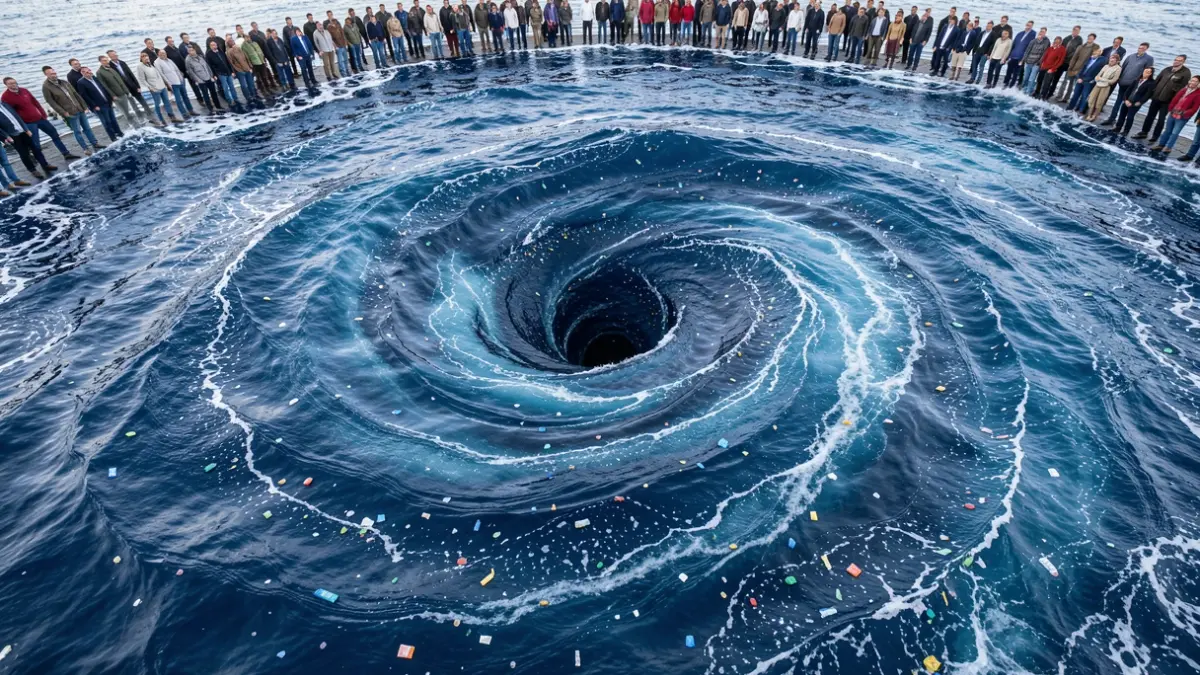 Image of an oceanic vortex with microplastics distributed in the water column.