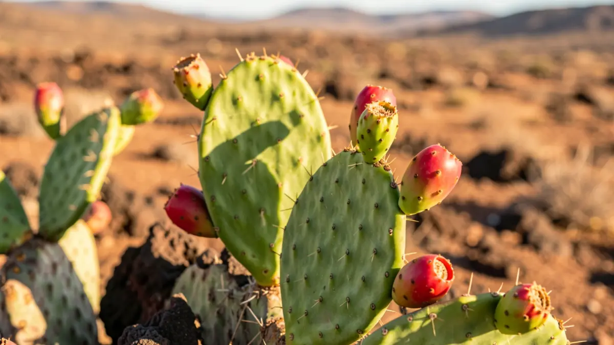 Generic image of prickly pear cactus pads with red fruit against an arid, sunny background of the Canary Islands.