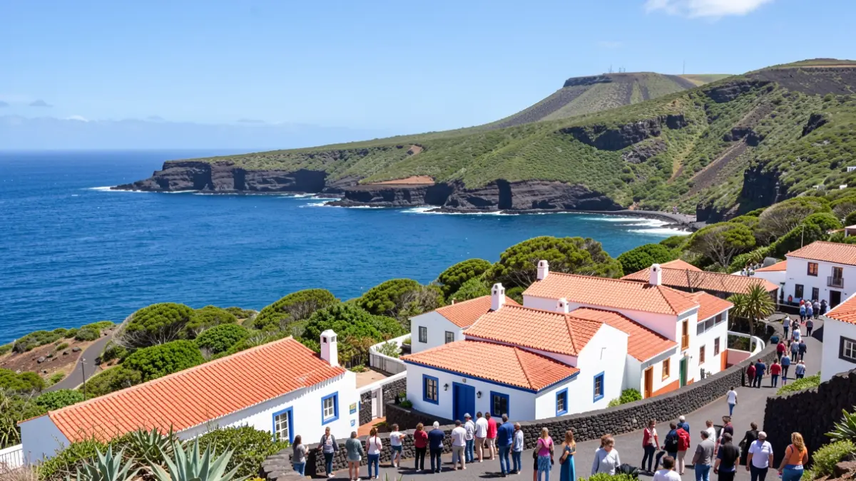 Vista de una costa volcánica de Canarias con vegetación exuberante y arquitectura tradicional bajo un cielo azul.