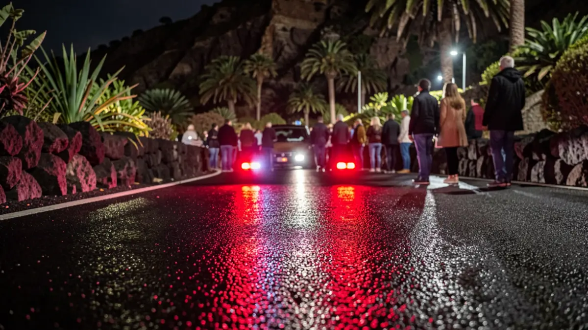 Imagen genérica de luces de emergencia reflejándose en asfalto mojado por la noche, sin vehículos ni personas visibles.