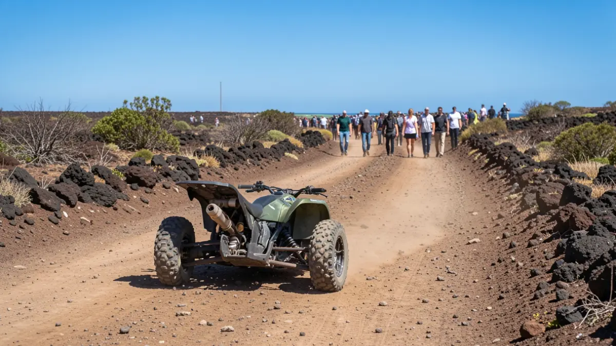 Un quad volcado en un camino de tierra en Lanzarote.