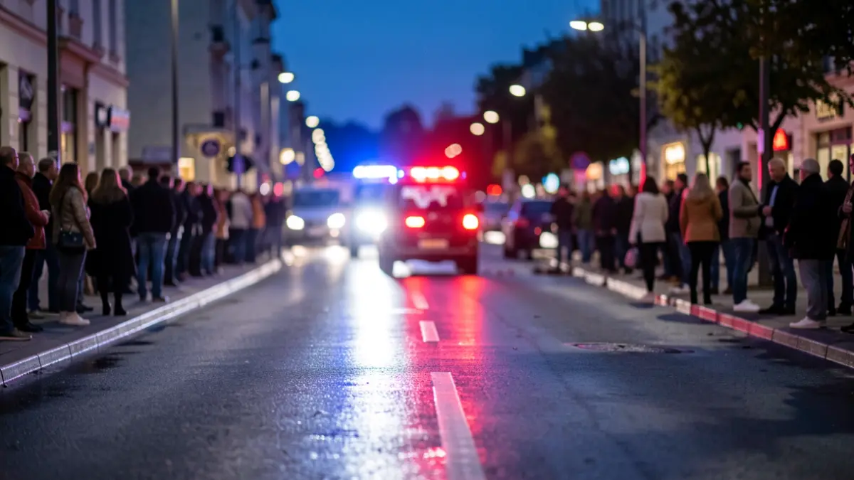 Generic image of red and blue emergency lights reflecting on wet asphalt at dusk, with no vehicles or people visible.