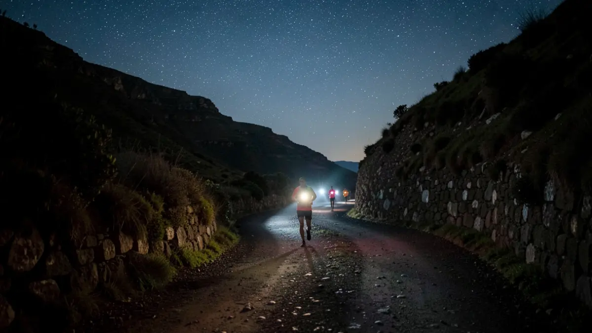 Generic image of a dark mountain path in La Gomera illuminated by runner headlamps under the night sky.