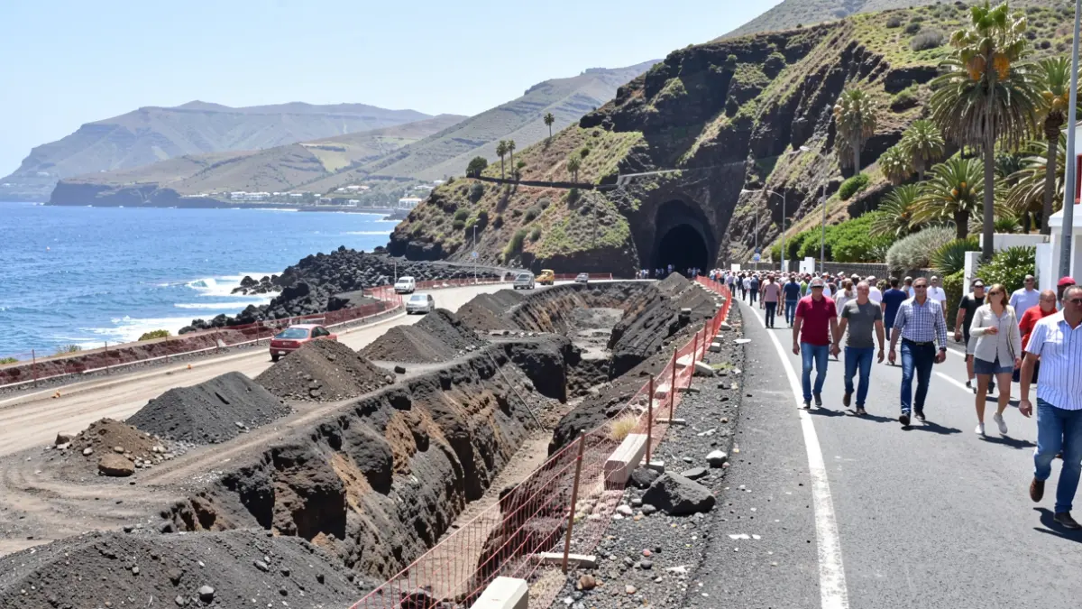 Construction works on the Maritime Avenue of Valle Gran Rey, La Gomera, showing machinery and site elements.