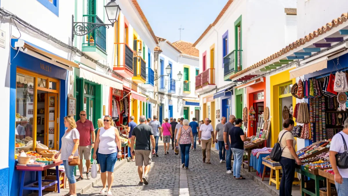 Generic image of a lively shopping street in Valle Gran Rey, Canarias.