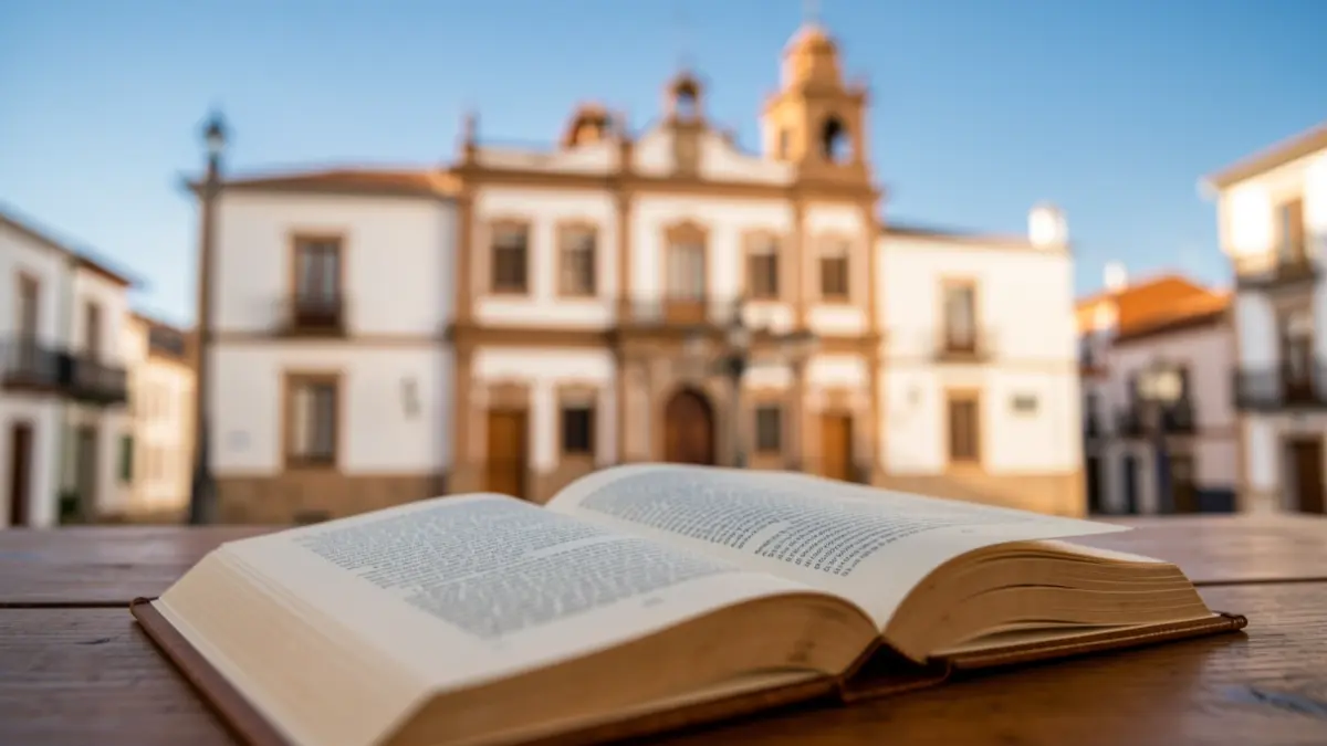 Generic image of an open book on a desk with a blurred town hall facade in the background.