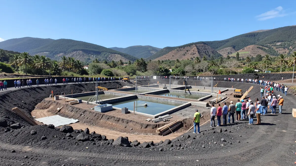 Obres de construcció d'una estació depuradora a Vallehermoso, La Gomera, amb paisatge volcànic al fons.
