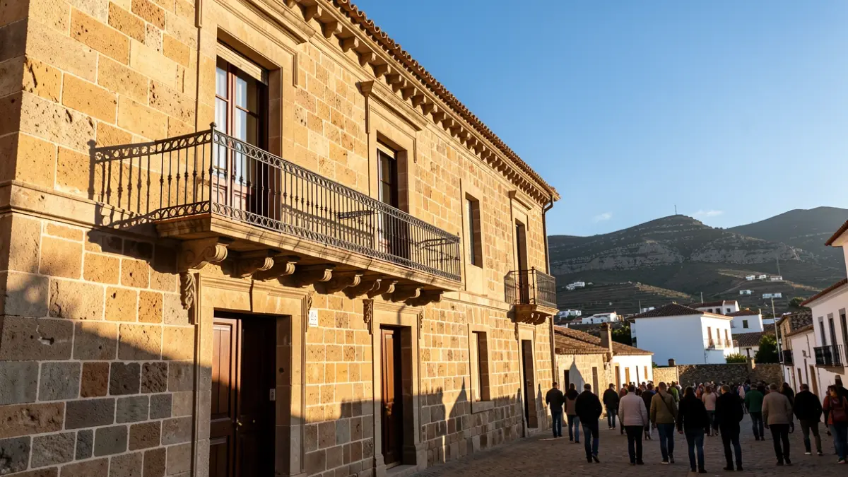 Imagen genérica de la fachada de un ayuntamiento de Canarias con balcón y barandillas de hierro, luz cálida de la tarde y cielo azul.
