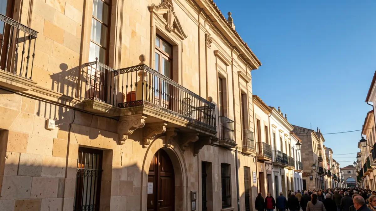 Generic image of a Canarias town hall facade with a balcony and iron railings, afternoon sunlight, blue sky.