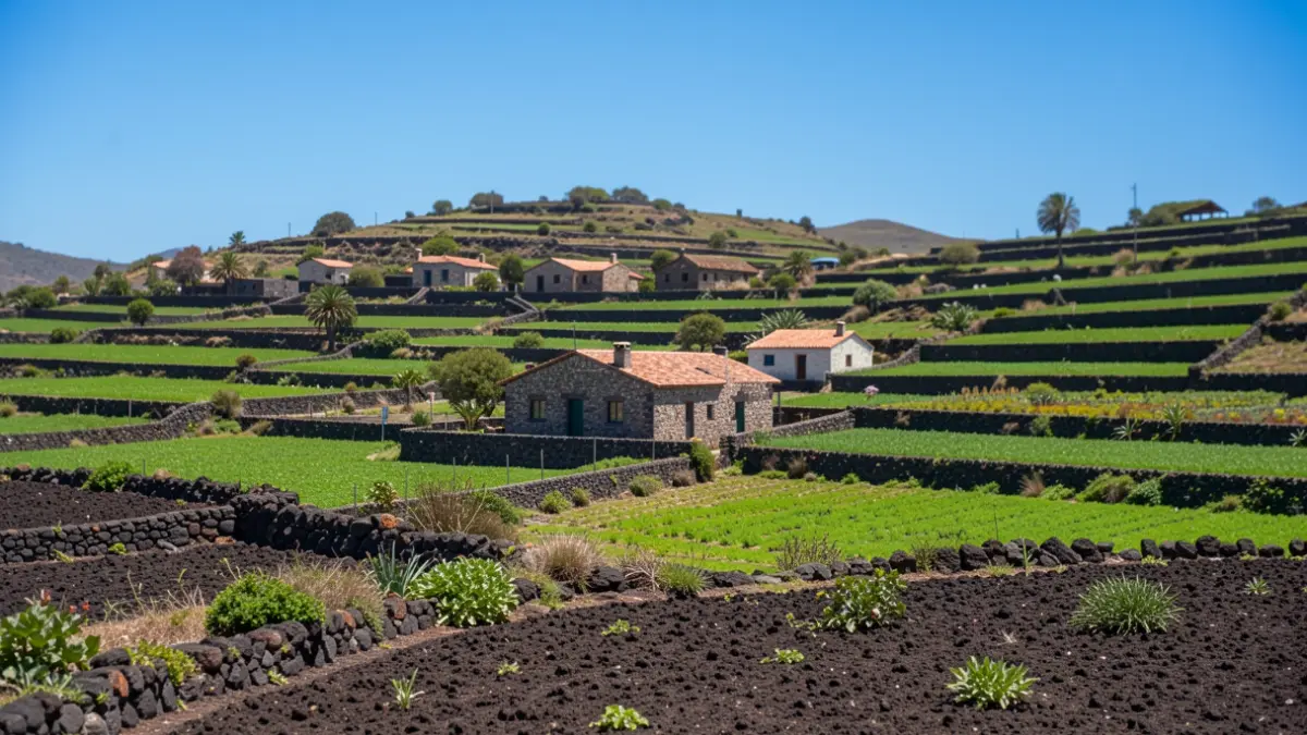 Generic image of a rural landscape in the Canary Islands with stone houses and cultivated fields.