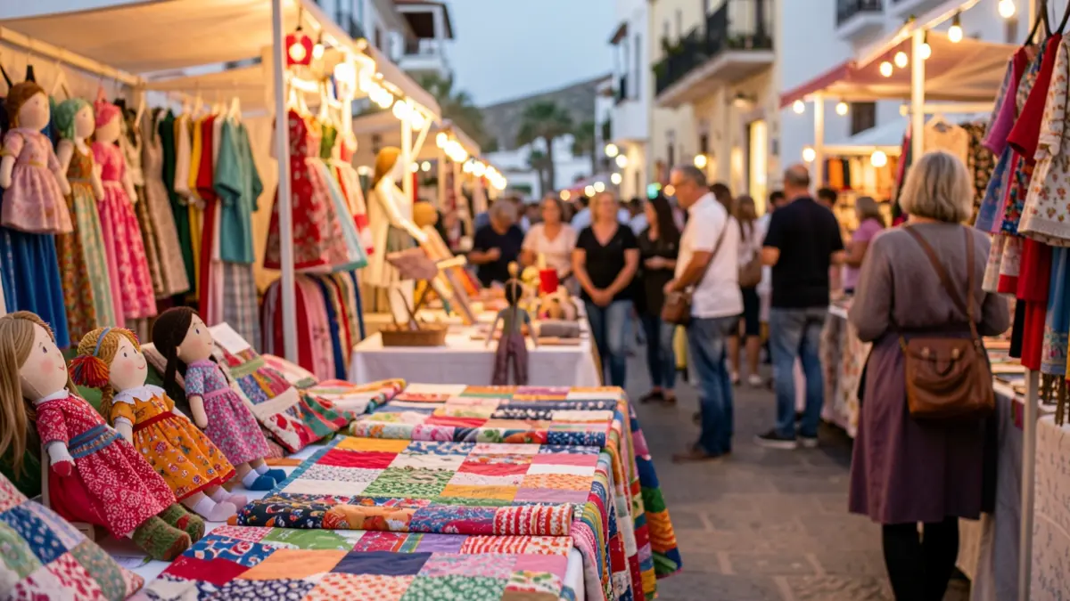 Imagen de una feria de artesanía en Canarias con telas patchwork y muñecas.