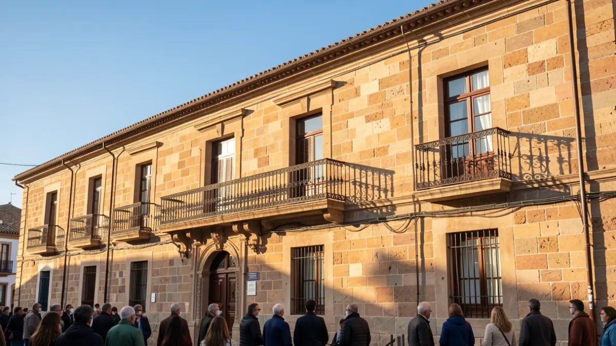 Fachada de un ayuntamiento tradicional canario con balcón y barandillas de hierro, luz cálida de la tarde.