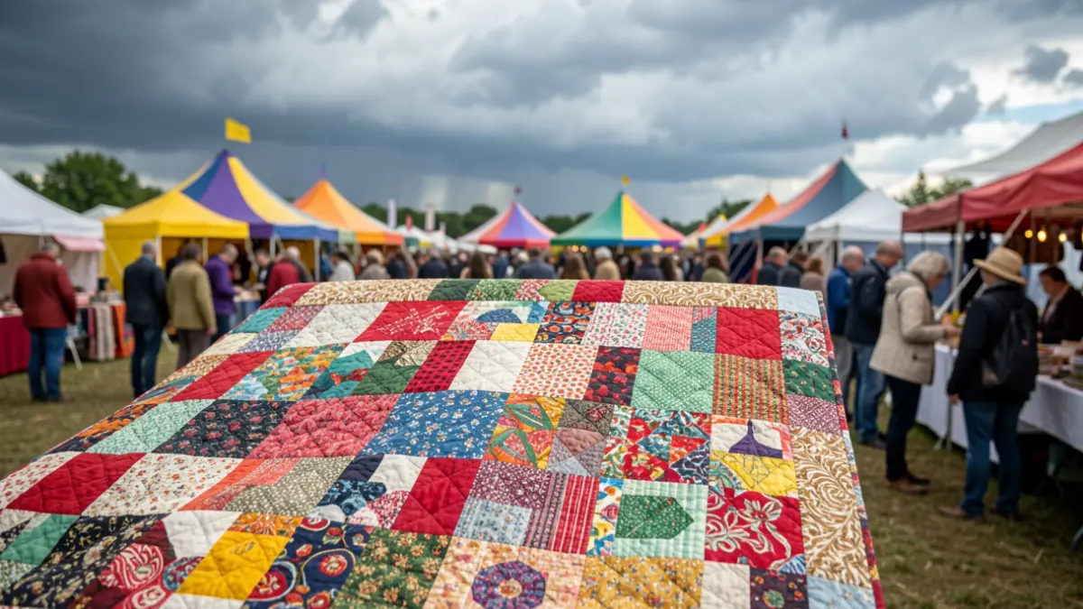 Colorful patchwork quilt displayed at an outdoor fair with tents and people in the background.