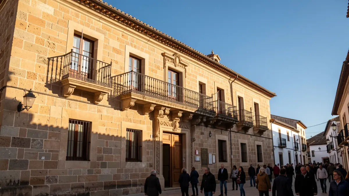 Imagen genérica de la fachada de un ayuntamiento tradicional canario con balcón ornamentado y barandillas de hierro, luz cálida de la tarde proyectando sombras sobre las paredes de piedra arenisca, cielo azul.