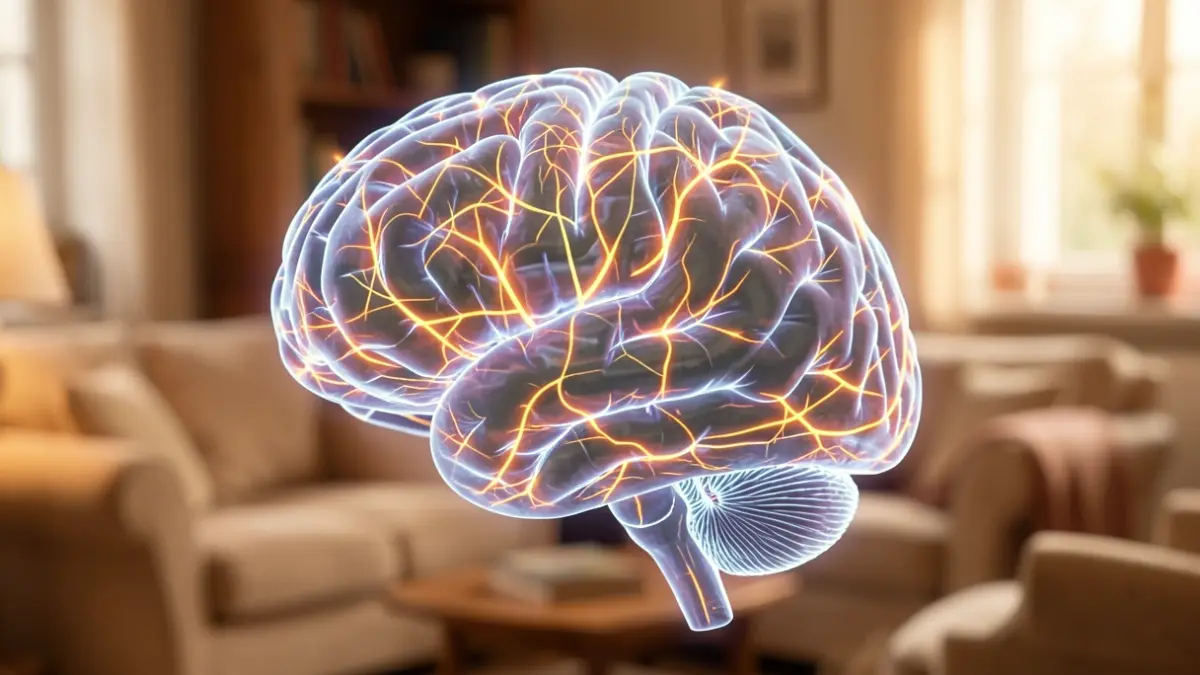 Generic image of a brain illustration with glowing neural pathways, symbolizing cognitive stimulation, against a blurred background of a living room.