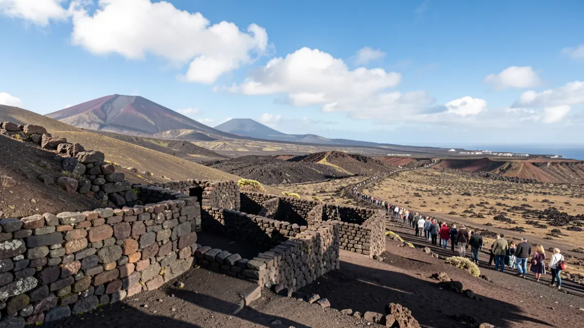 Imagen genérica de la fachada de un ayuntamiento canario de piedra con balcón y barandillas de hierro, luz cálida de la tarde, cielo azul.