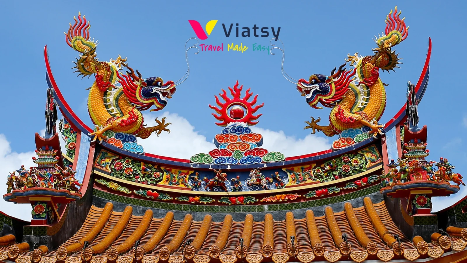 Viatsy logo on a traditional Chinese roof decorated with dragons